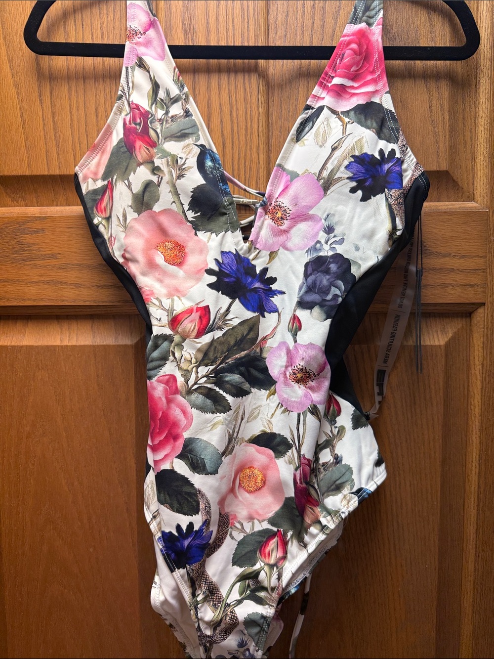 Brand New TA3 Plunge Floral V-Neck One-Piece Bodysuit in White, Pink & Blue